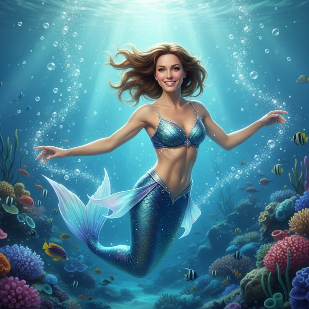athletic white woman underwater mermaid scene 93772580