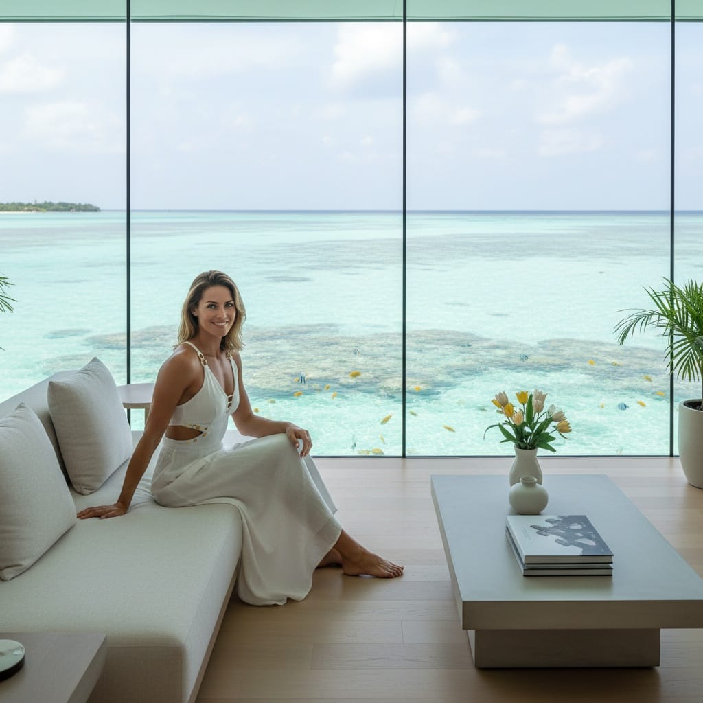 athletic white woman underwater villa window 35379438