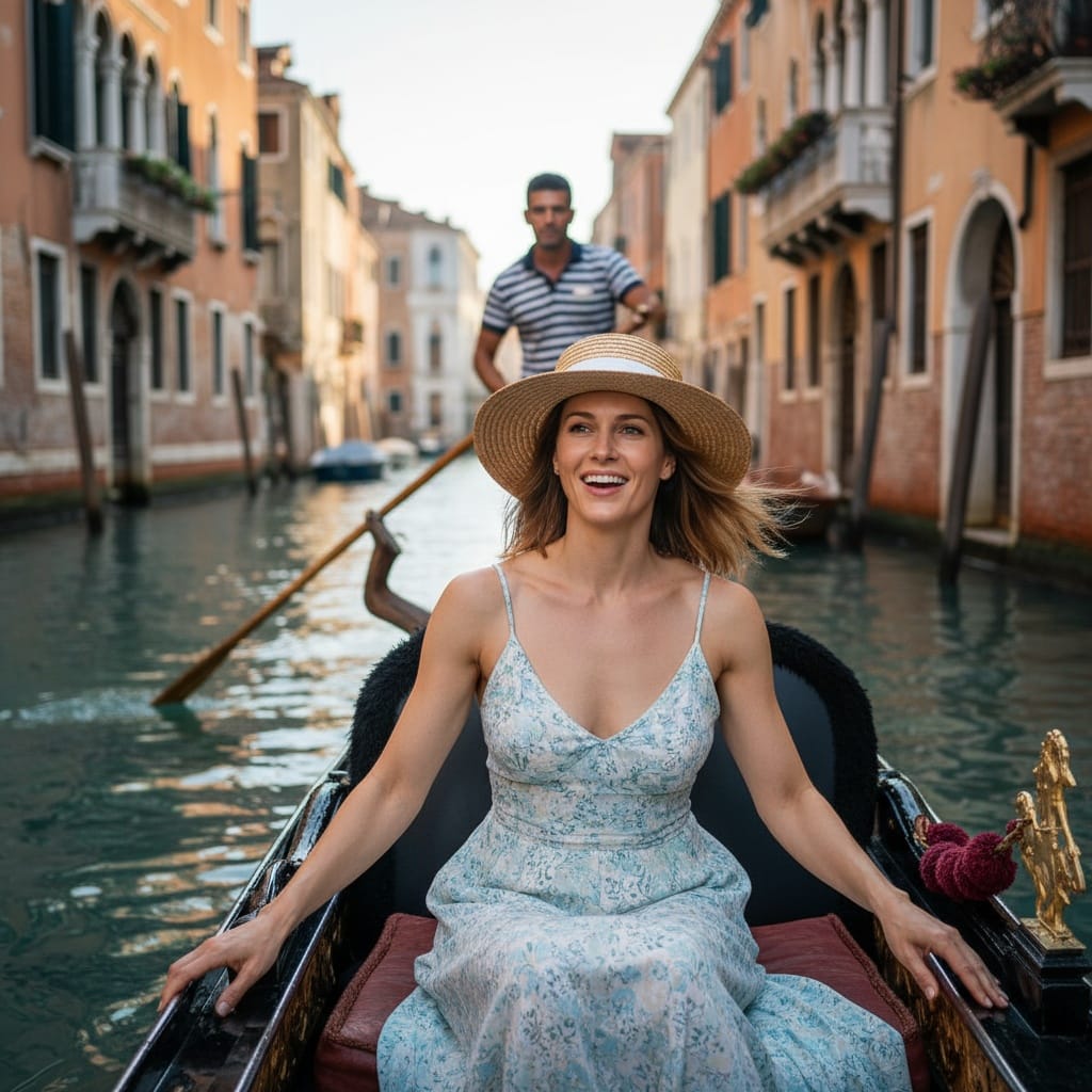 athletic white woman venice gondola canals 48195023