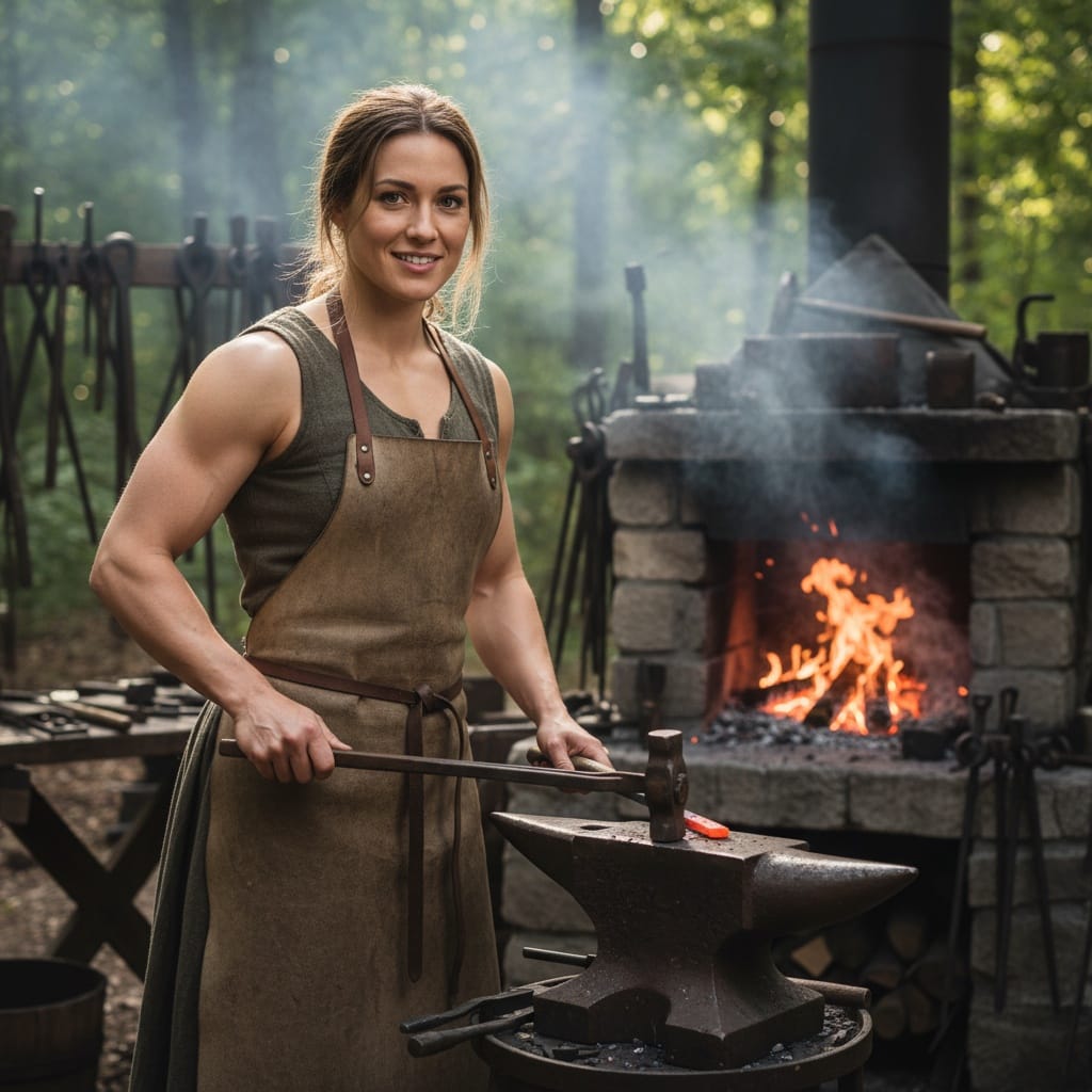 athletic white woman village blacksmith forge 63420336
