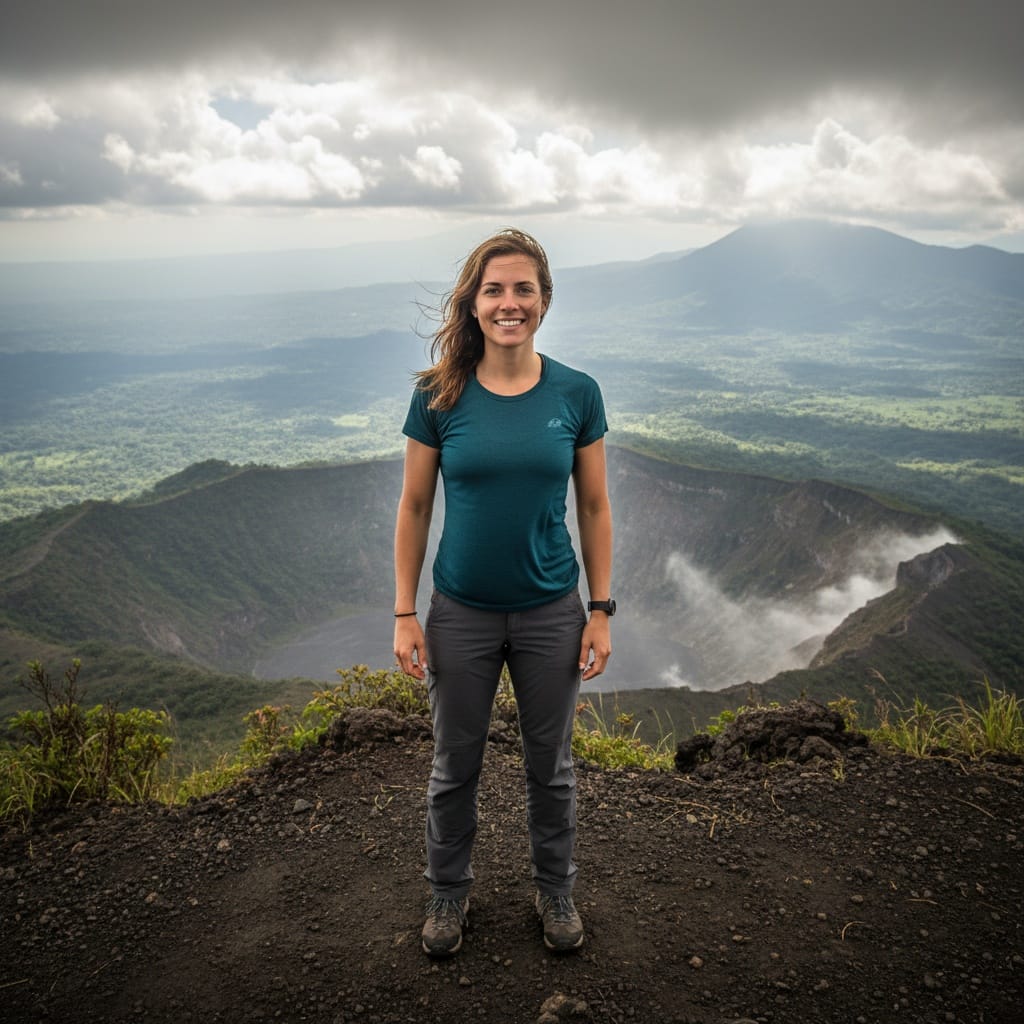 athletic white woman volcano hiking overlook 45515443