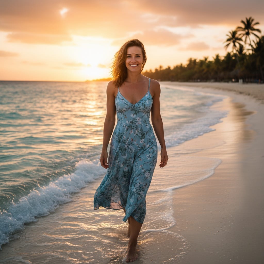 athletic white woman walking along shoreline sunset 31746879
