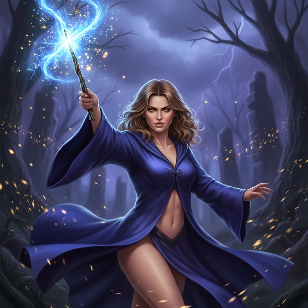 athletic white woman wand casting spell 50824511