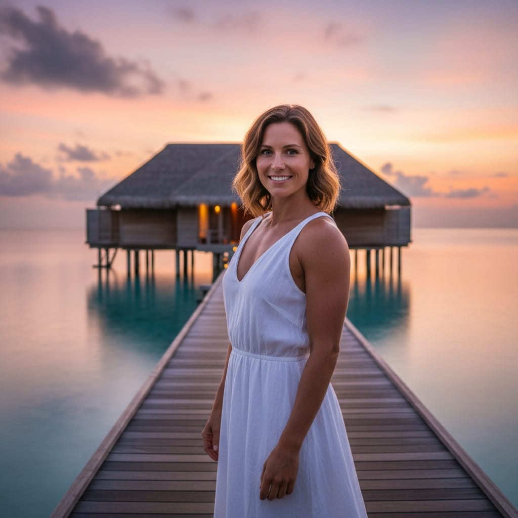 athletic white woman water villa sunset exterior 40991622