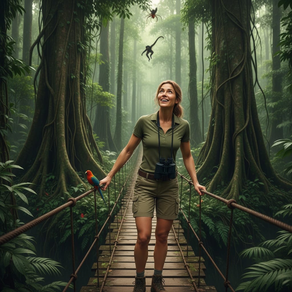 athletic white woman wildlife encounter bridge 25893595