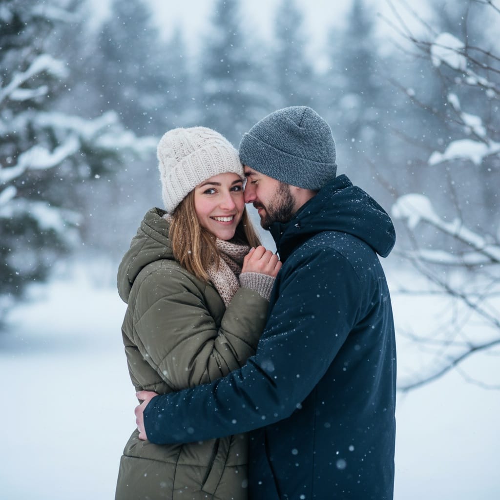 athletic white woman winter snow cuddle 73660044