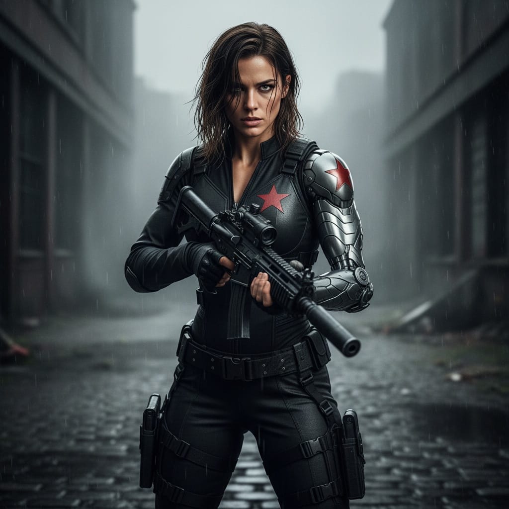 athletic white woman winter soldier assassin mode 80269056