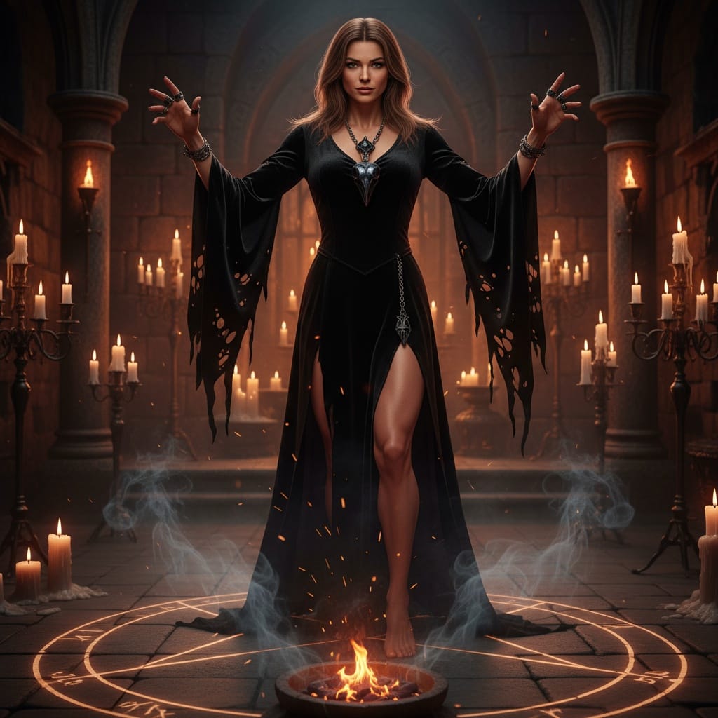 athletic white woman witch ritual scene 95178430