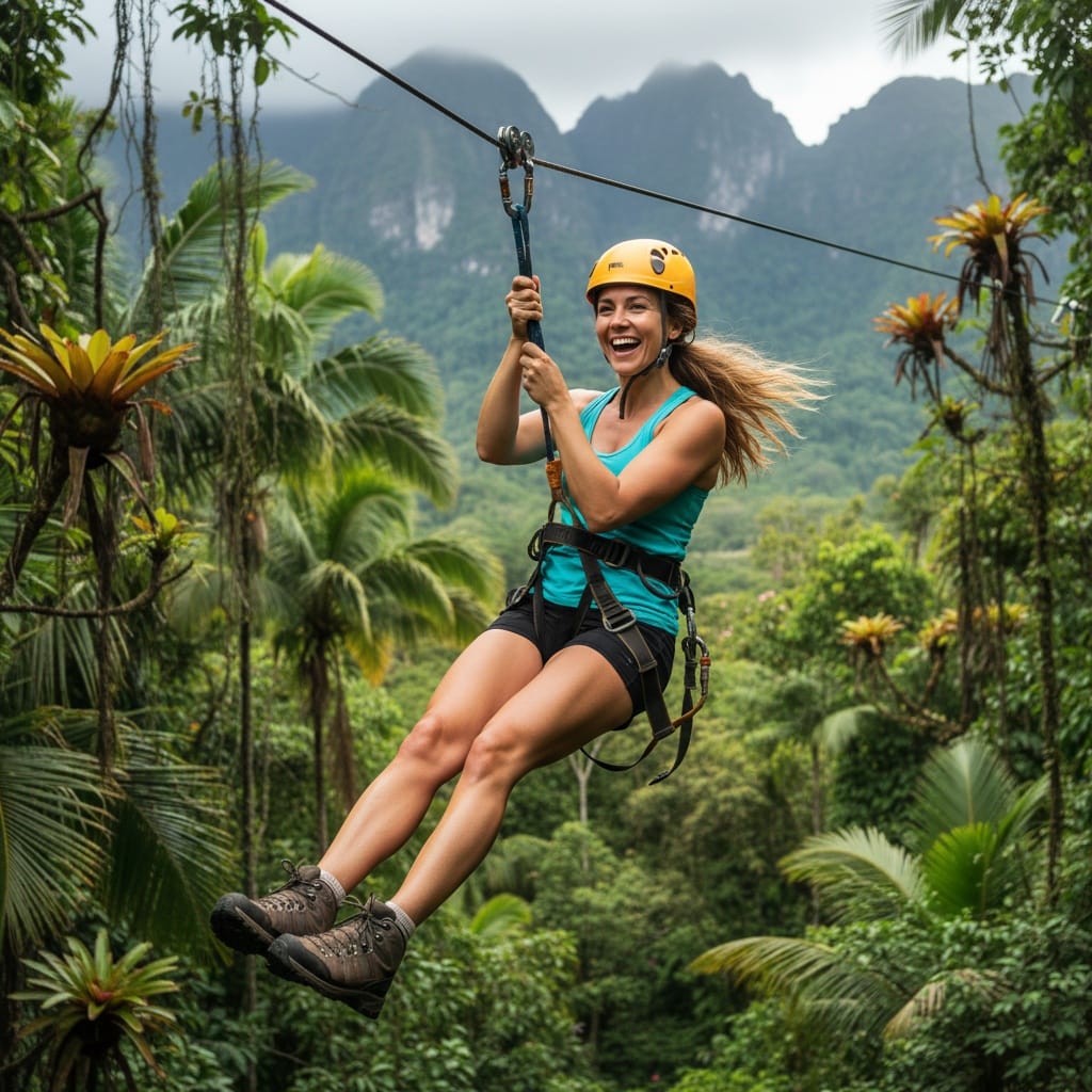 athletic white woman zipline tropical adventure 96566270