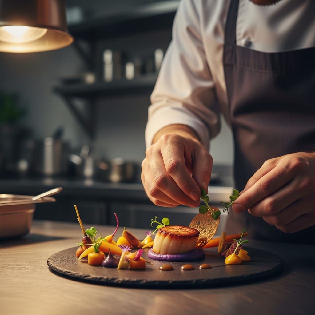 chef hands action plating 34383456