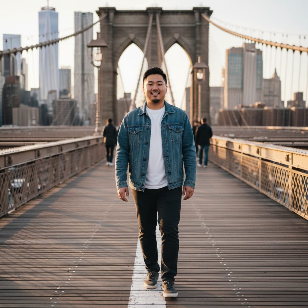 curve asian man brooklyn bridge walkway 59584299
