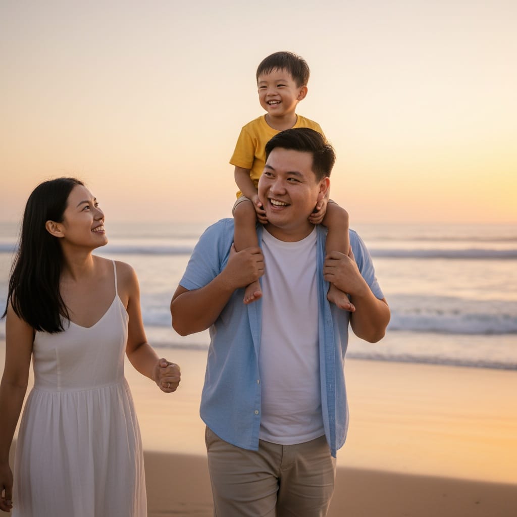 curve asian man carrying child shoulders 90930445