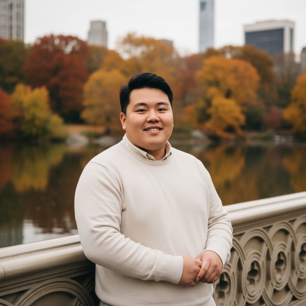 curve asian man central park bow bridge 25804252