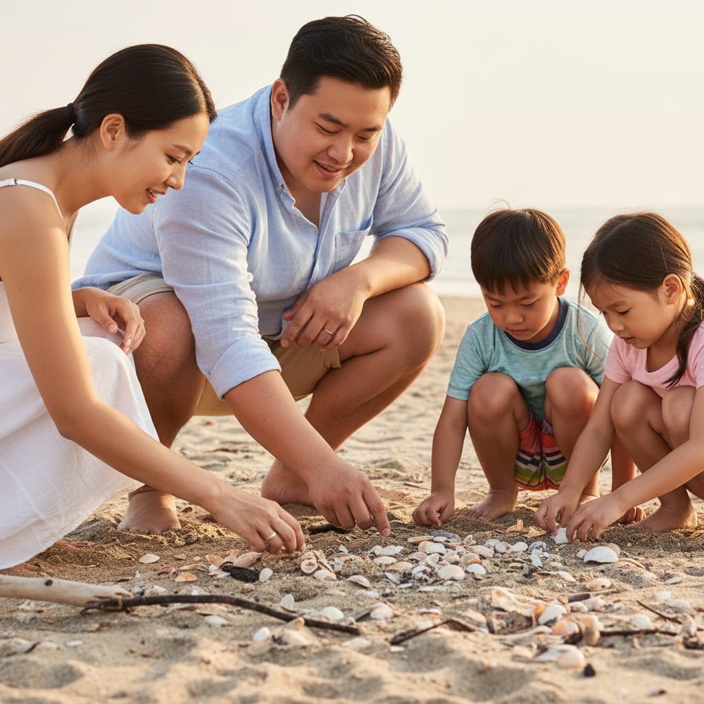 curve asian man collecting shells activity 90301345