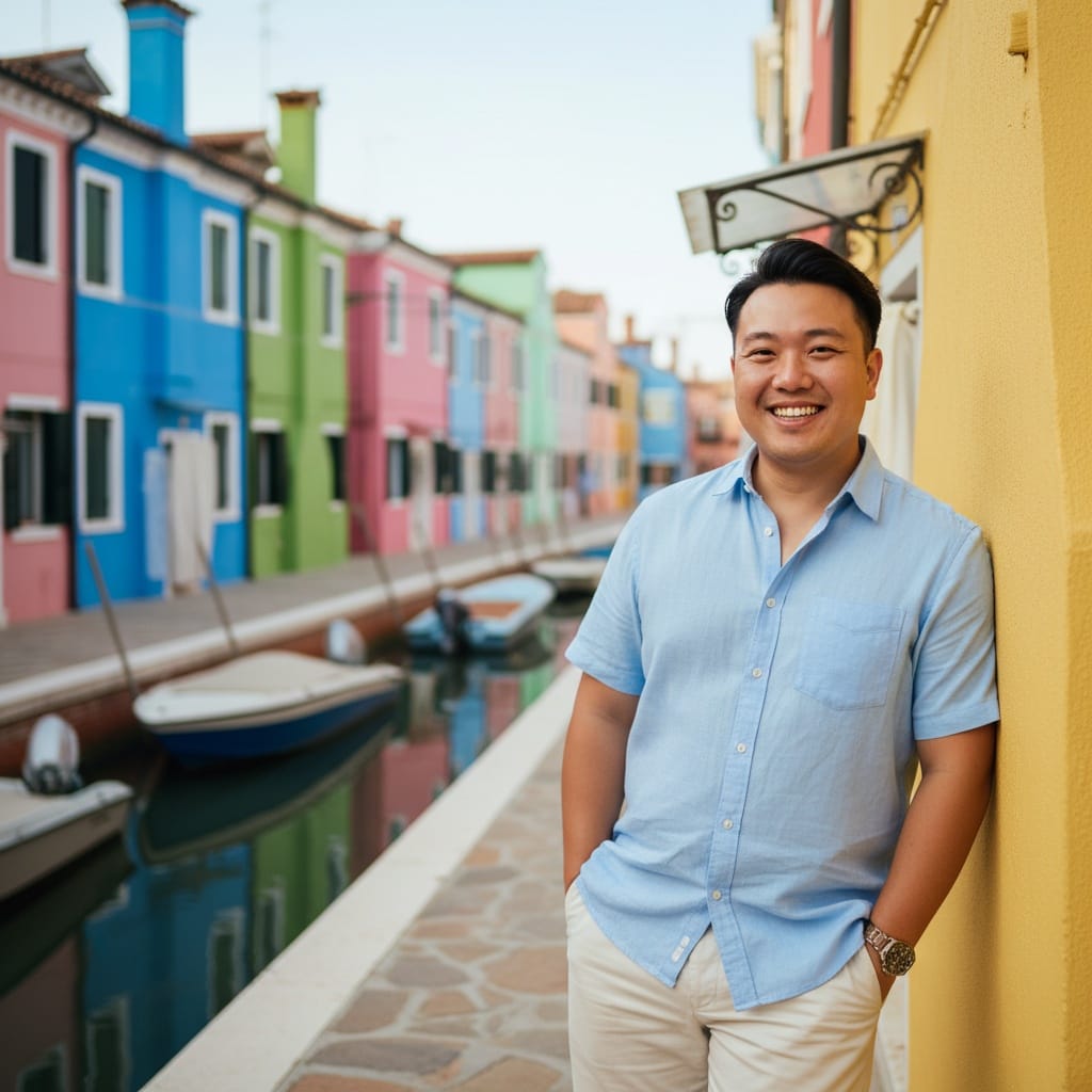 curve asian man colorful burano houses 34745101