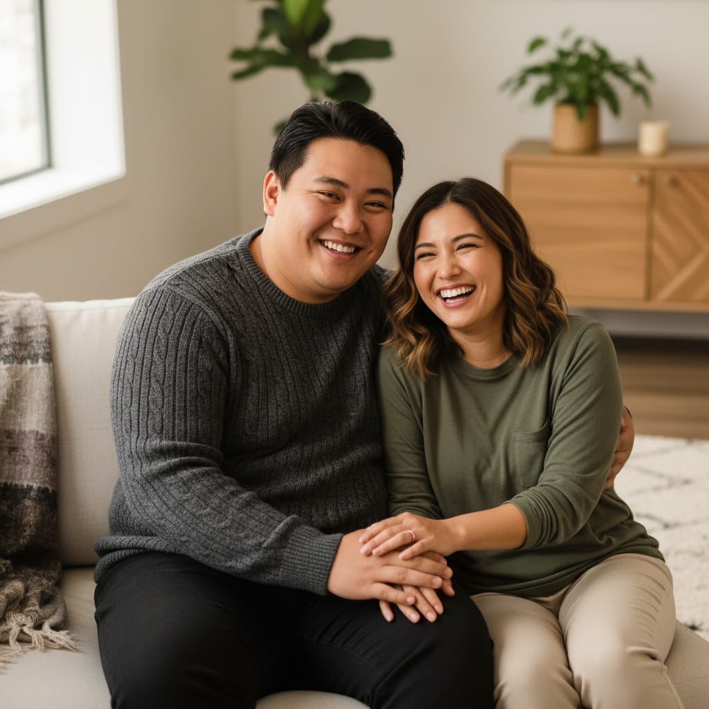 curve asian man cozy home laughing 80543773