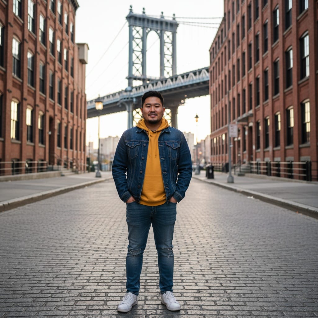 curve asian man dumbo brooklyn bridge view 85477671