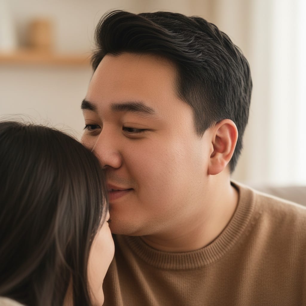 curve asian man forehead kiss closeup 86718868