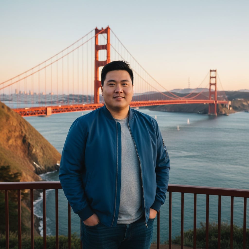curve asian man golden gate bridge overlook 39650120