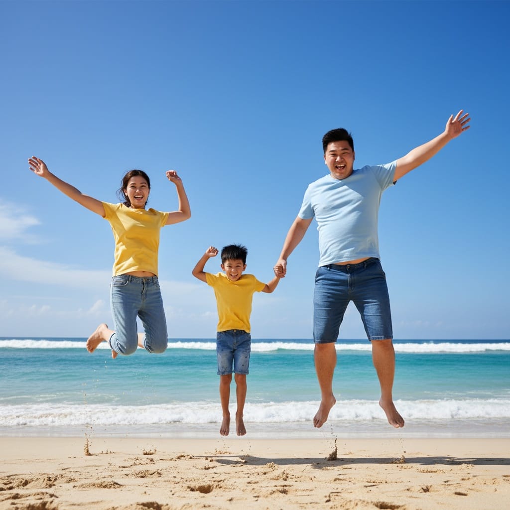 curve asian man jumping beach action 56686479