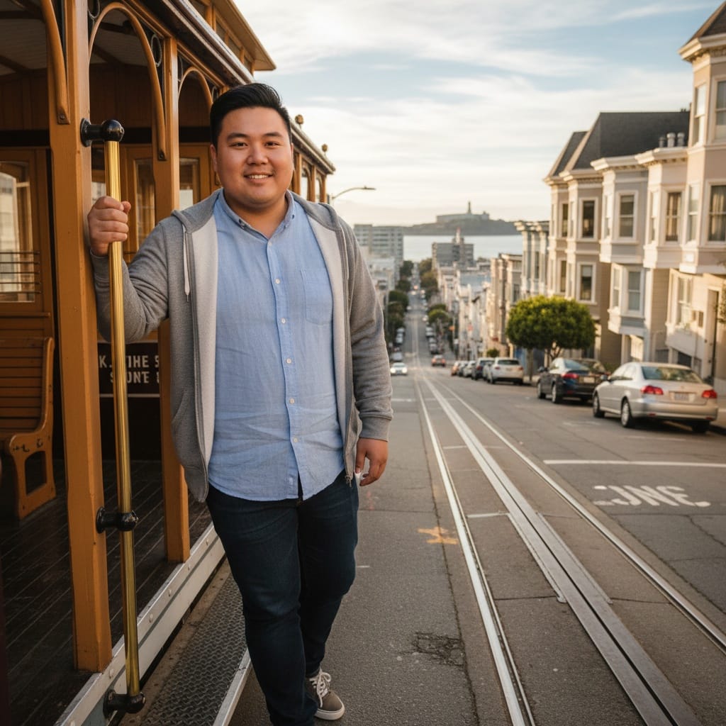 curve asian man riding cable car 89493058