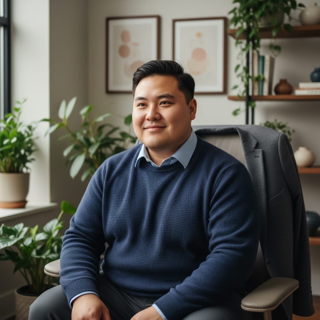 curve asian man seated consulting room 18542751