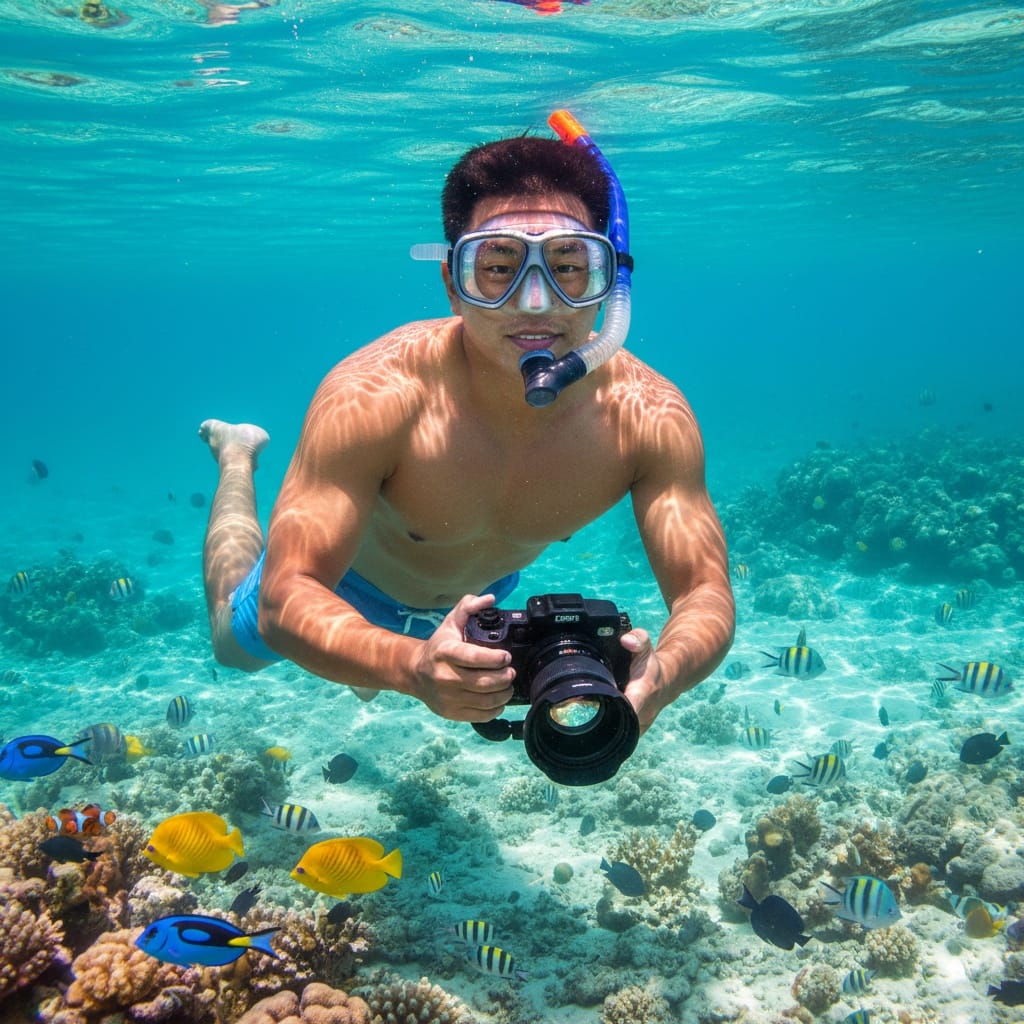 curve asian man snorkeling coral reef 59378134