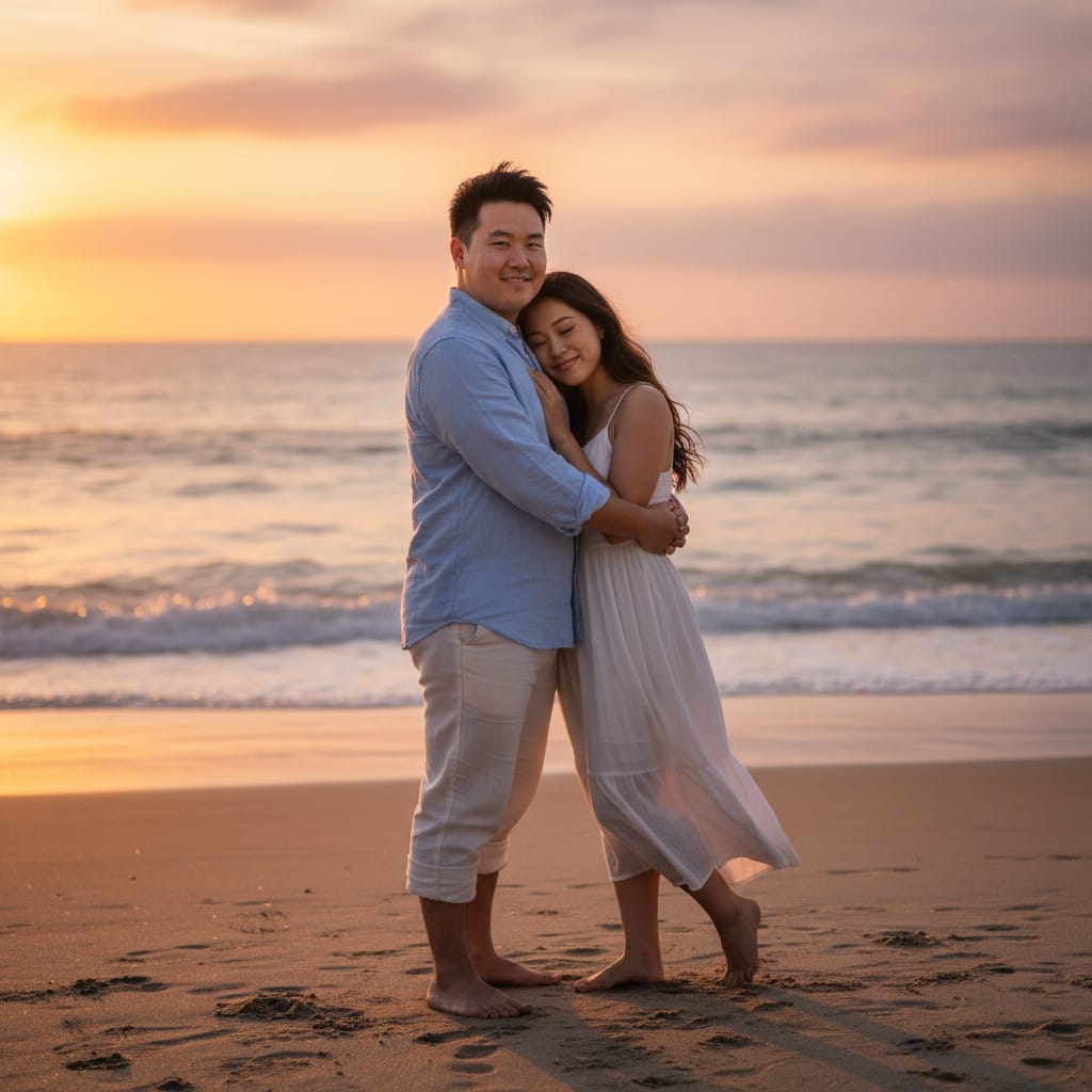 curve asian man sunset beach embrace 50083847