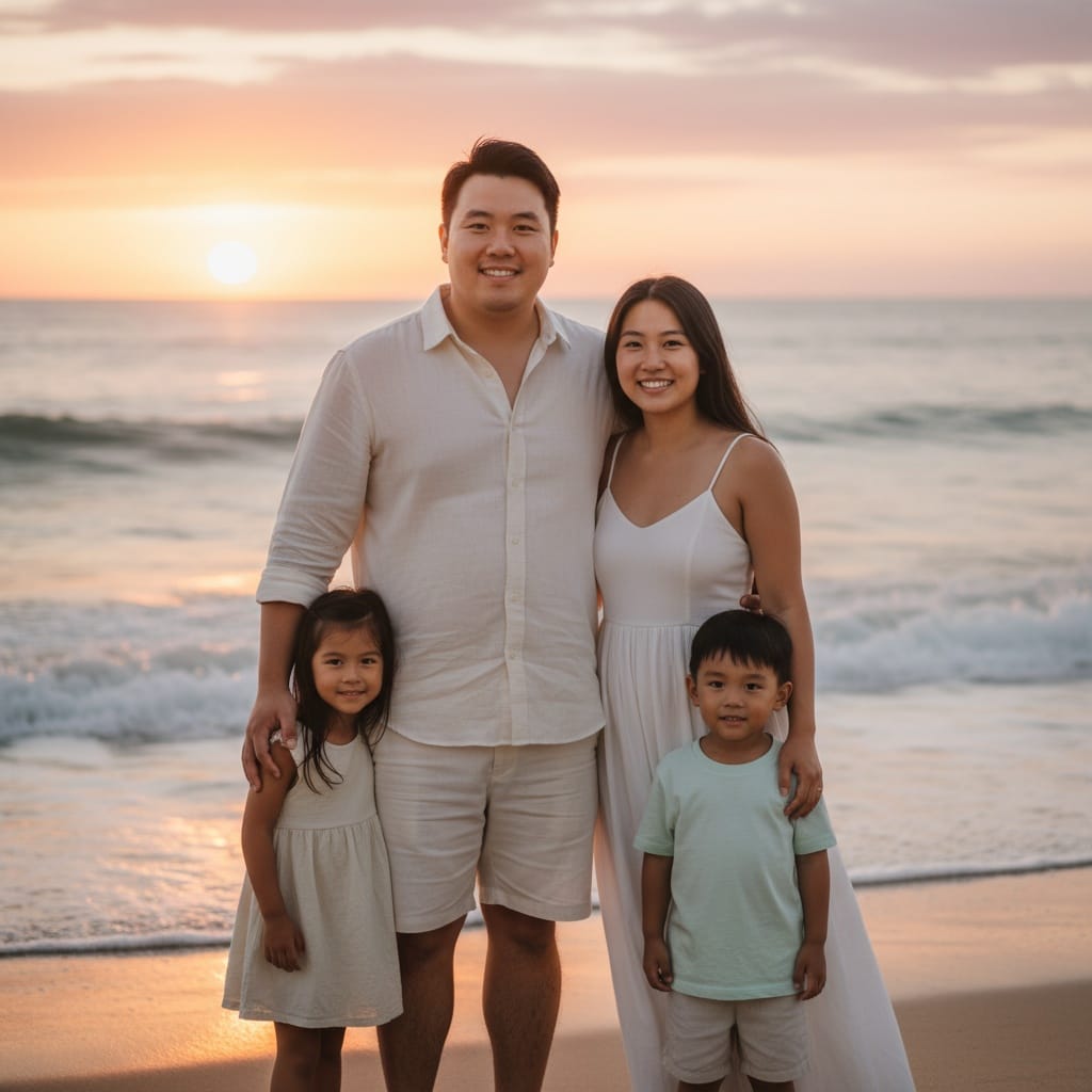 curve asian man sunset beach full family 76640618
