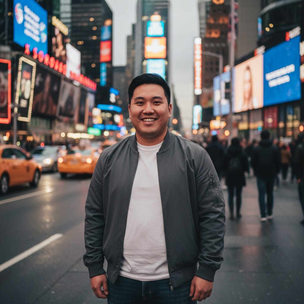 curve asian man times square neon lights 84125063
