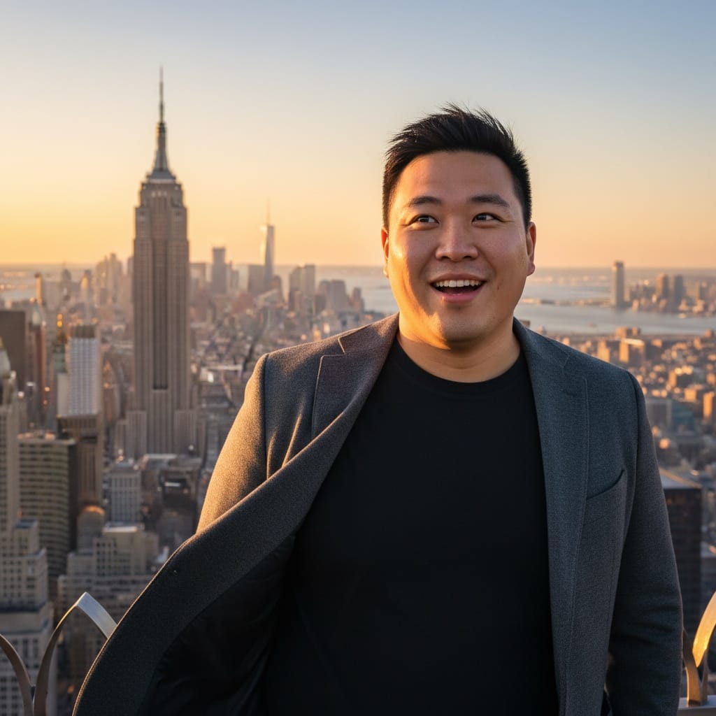 curve asian man top of the rock skyline 91420760