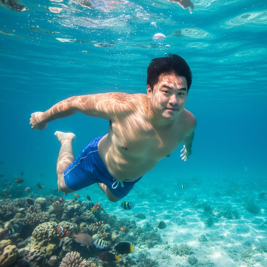 curve asian man underwater swimming 53630133