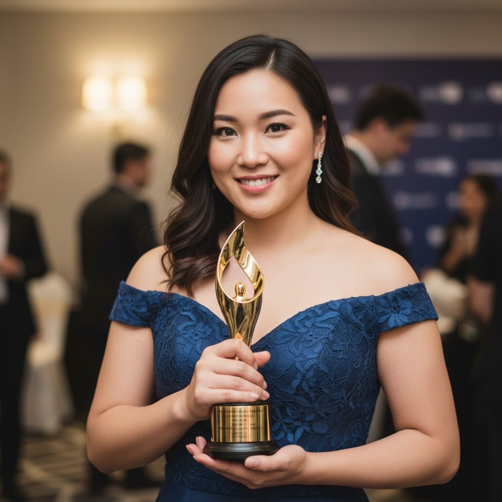 curve asian woman backstage trophy closeup 81768596