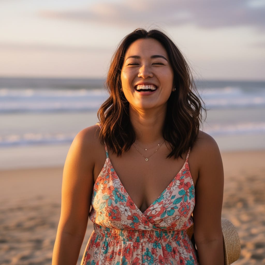 curve asian woman beach casual portrait 77386659