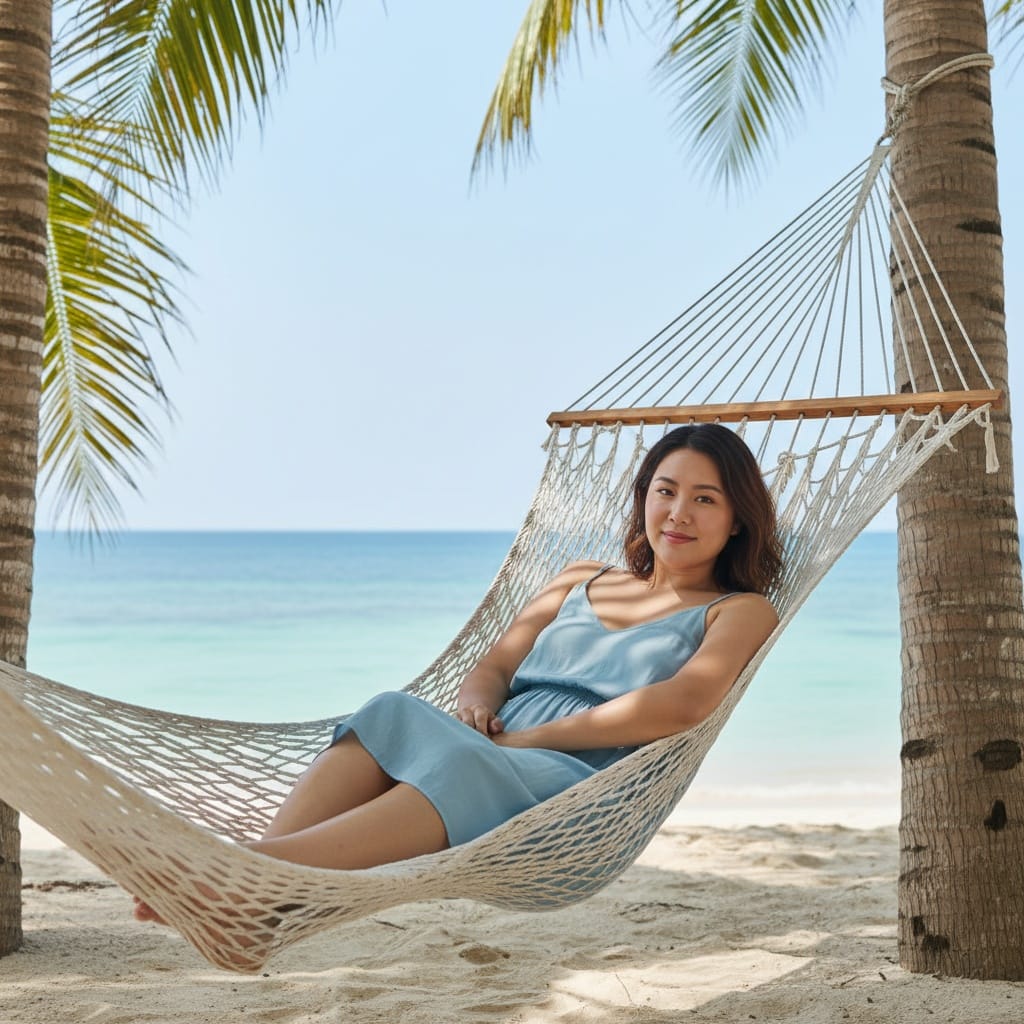 curve asian woman beach hammock palm trees 21137091