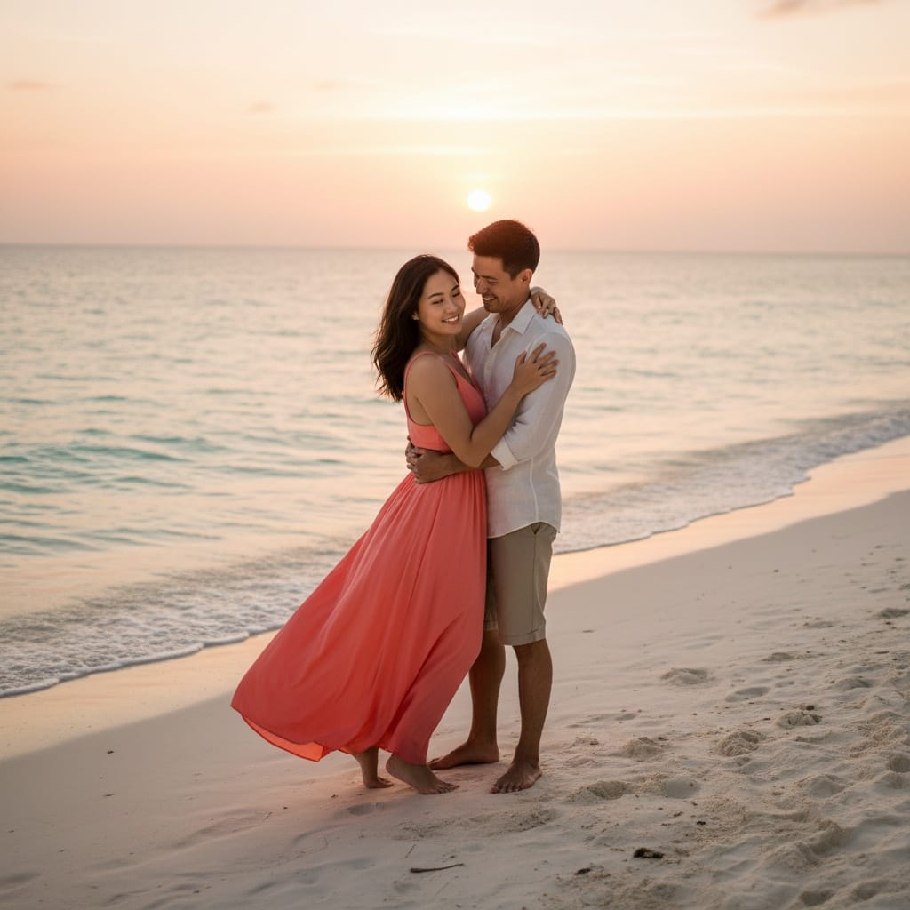 curve asian woman beach sunset embrace 94953583