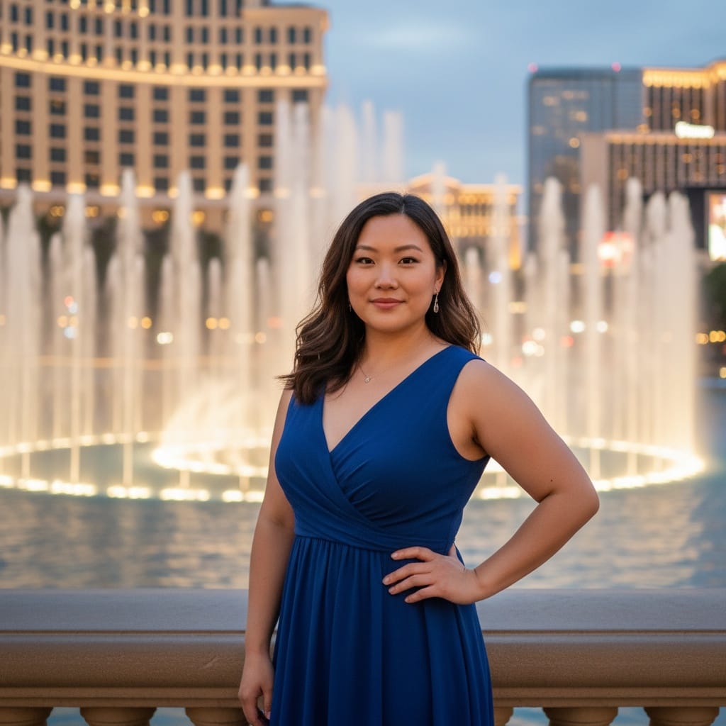 curve asian woman bellagio fountains evening 35766667
