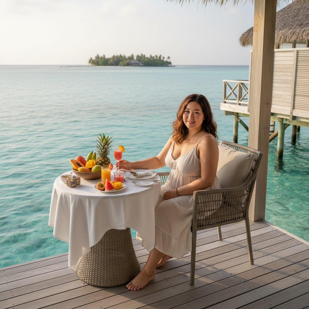 curve asian woman bungalow deck breakfast 21849177