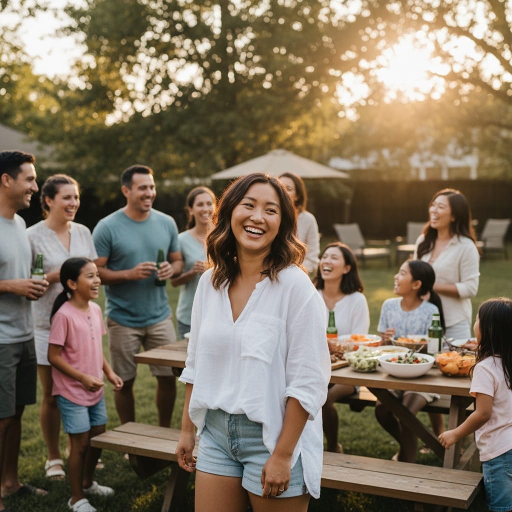 curve asian woman candid outdoor gathering 92742472