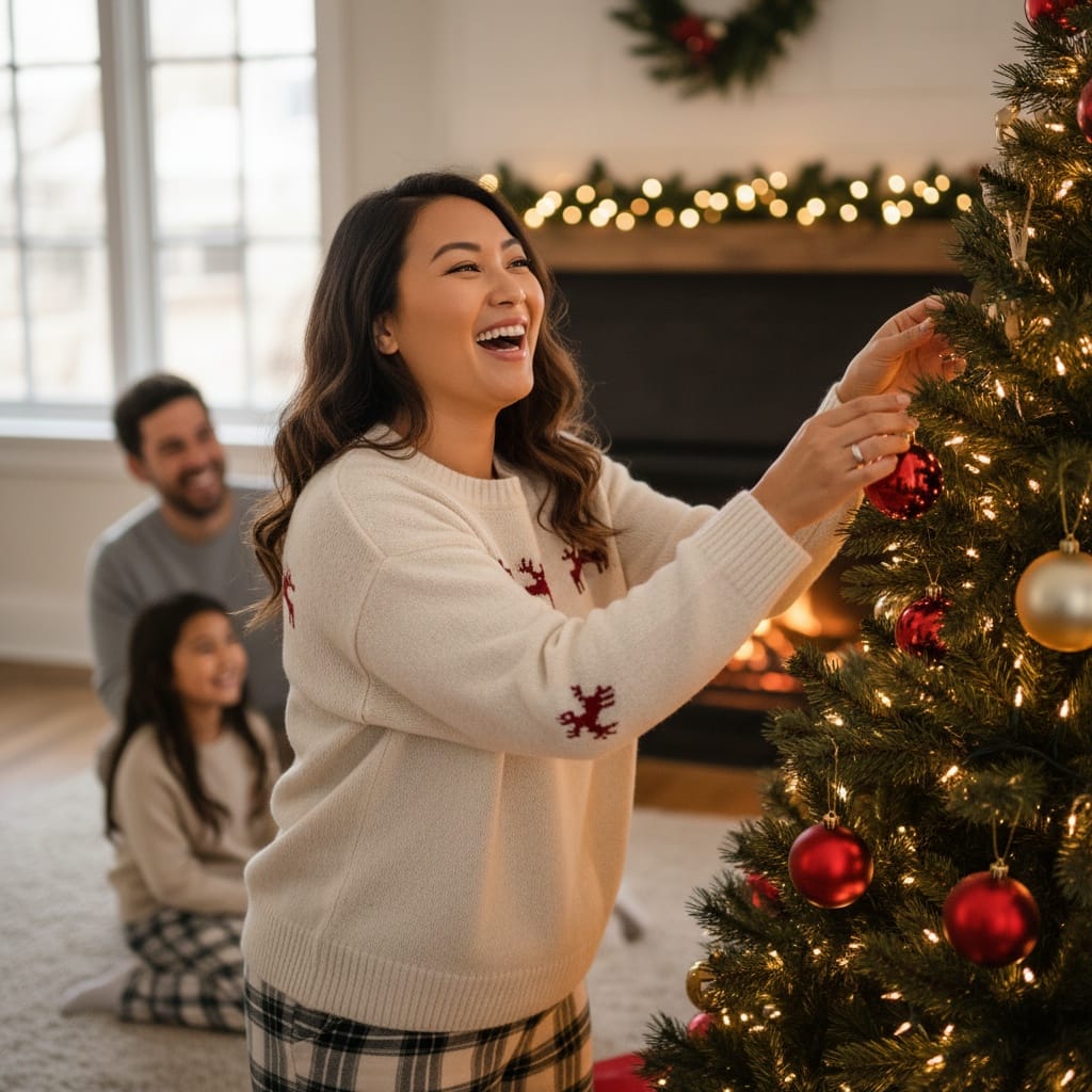 curve asian woman candid tree decorating 11593859