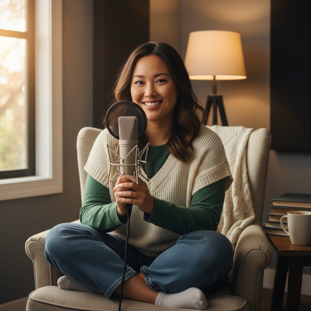 curve asian woman casual podcast setup 94754550