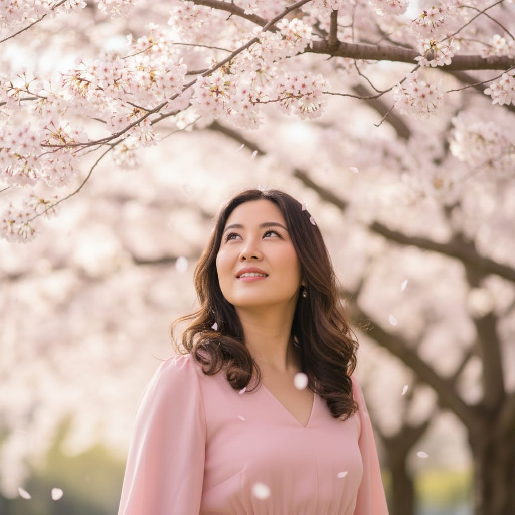 curve asian woman cherry blossom tree portrait 24691491
