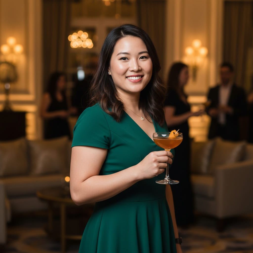 curve asian woman cocktail hour mingling 34576225