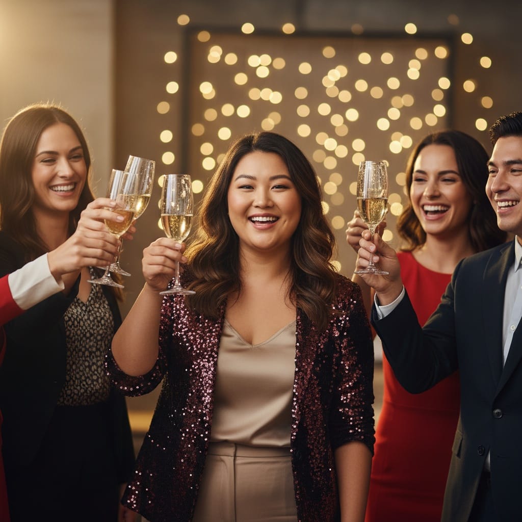 curve asian woman company celebration toast 92832938