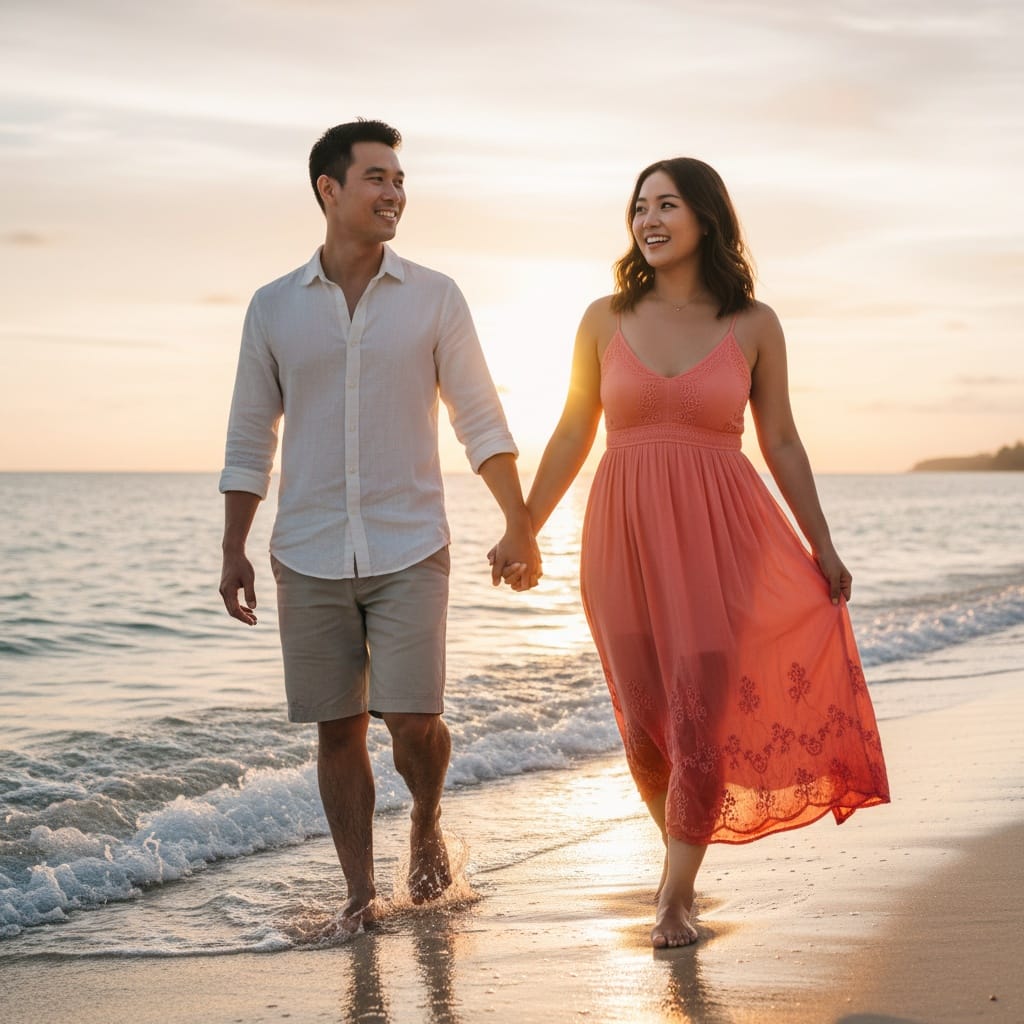 curve asian woman couple beach walk sunset 90022716
