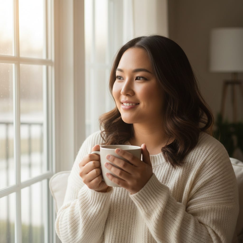 curve asian woman cozy morning coffee 98740547