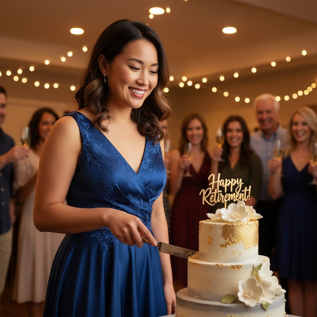 curve asian woman cutting retirement cake 16001850