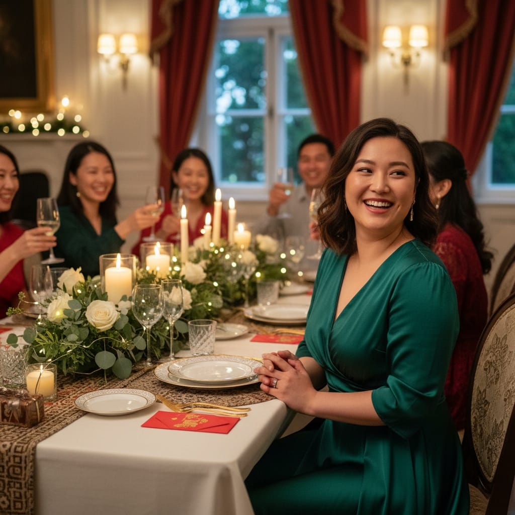 curve asian woman dining table celebration 70344234