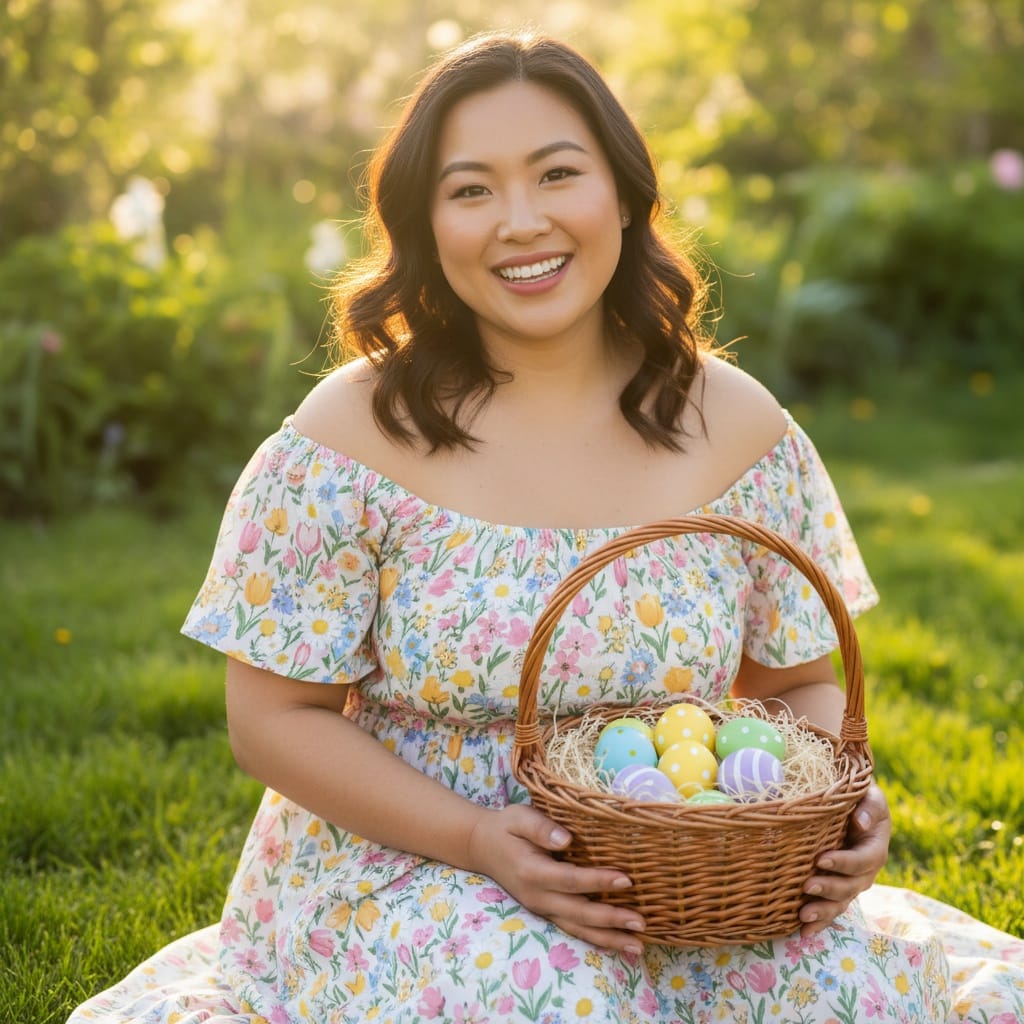 curve asian woman easter basket outdoor scene 94218206