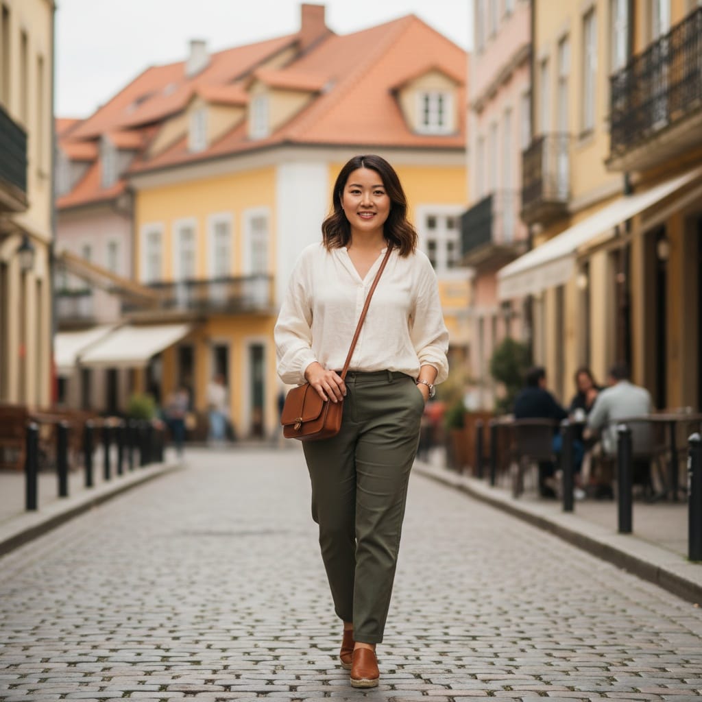 curve asian woman european cobblestone street 95753648